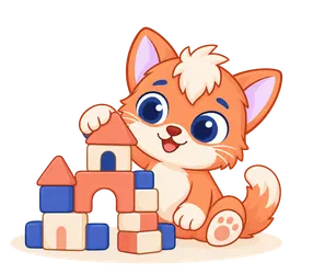 Floky, drawn as a cat, building a tower from toy blocks