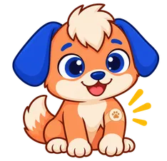 Floky, drawn as a dog, sitting and smiling