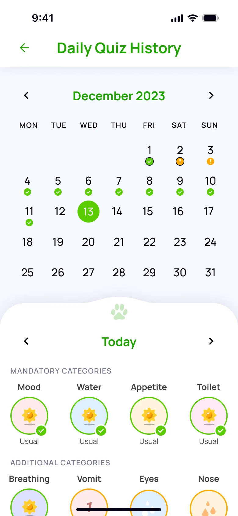 Flok Daily Quiz screen with mood, appetite, and energy questions