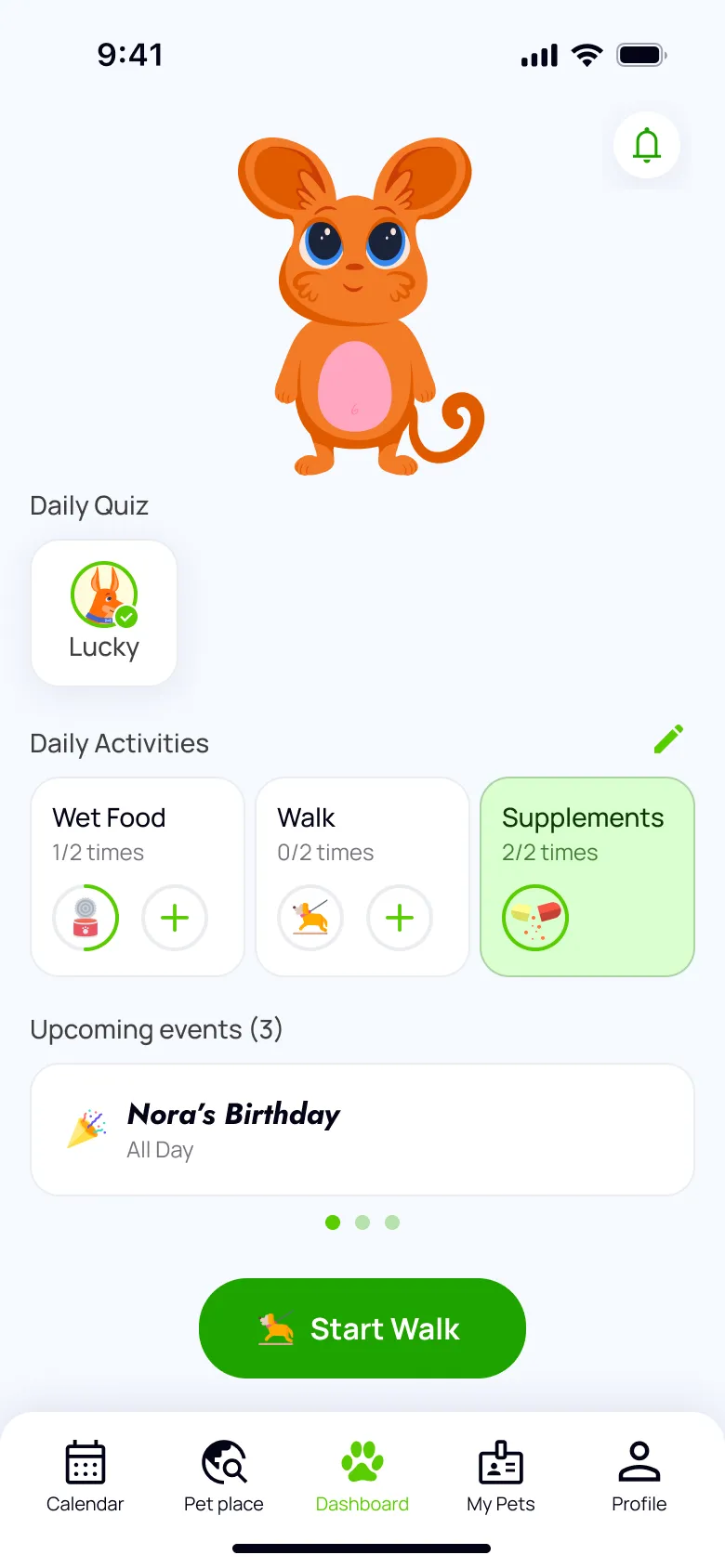 Flok Daily Routine screen with meals, walks, and medications