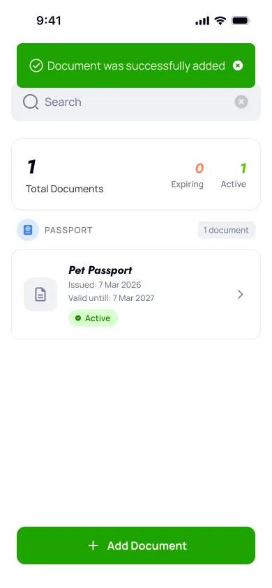 Flok confirming the document was filed — Pet Passport now appears in the Documents list with issue and expiry dates