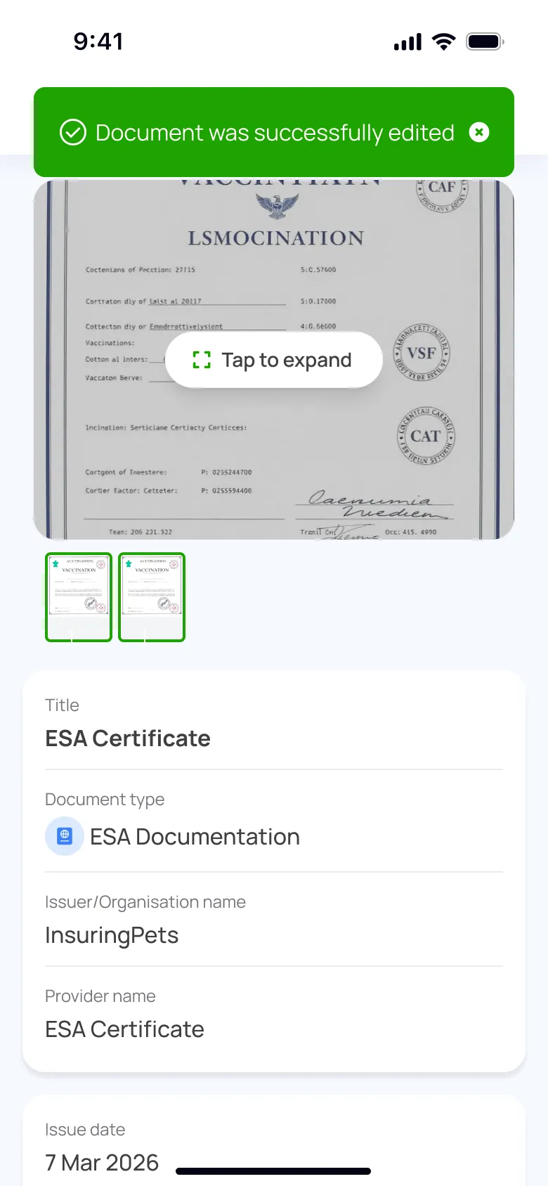 Flok Document Scanner screen scanning a vet document