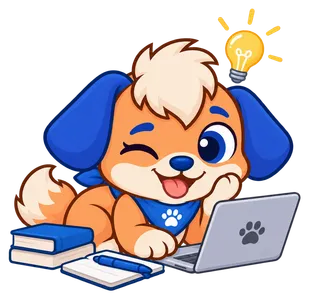 Floky, drawn as a dog, at a laptop with books, a lightbulb lit overhead