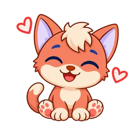 Floky, drawn as a cat, smiling with eyes closed, hearts around
