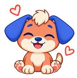 Floky, drawn as a dog, smiling with eyes closed, hearts around