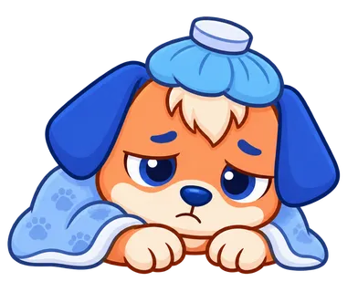 Floky, drawn as a dog, under a blanket with an ice pack, feeling sick
