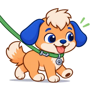 Floky, drawn as a dog, walking on a leash